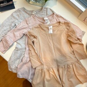 Set of Three Long Sleeve Cotton Dresses in Neutral Tones